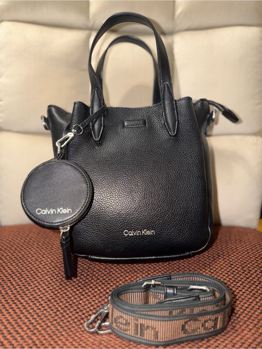 Calvin Klein Black Pebble Leather Tote/crossbody bag with Coin Pouch
